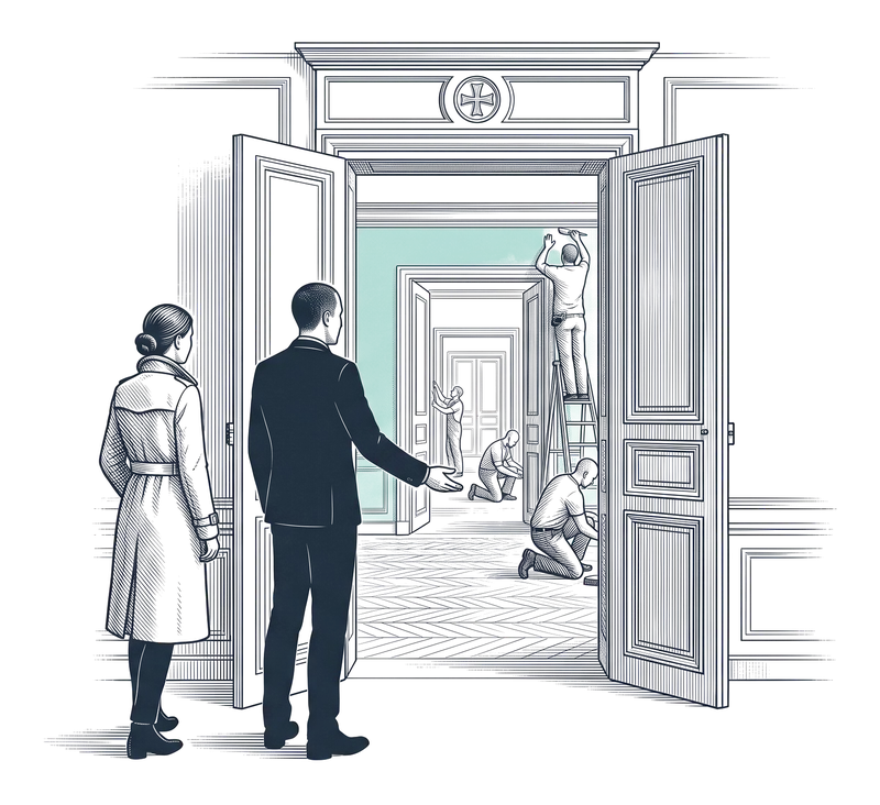 Gravure : au seuil de l'appartement, sous le médaillon à croix, le pilote ouvre la porte à la cliente ; dans l'enfilade des pièces, tous les métiers travaillent.