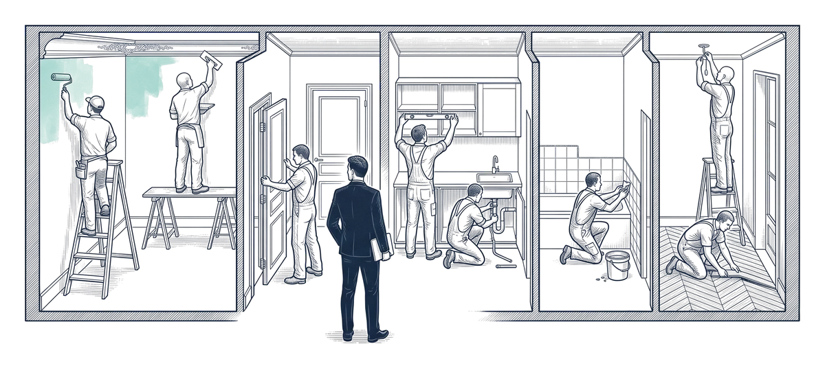 Gravure : un appartement en coupe, un métier par pièce ; le pilote, de dos, devant, coordonne les corps d'état.